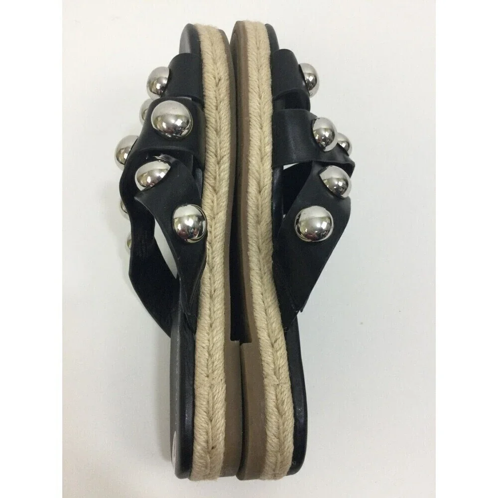 Marc Fisher Prisca Espadrille Silver Studded Slip On Slides Sandals Black Size 8